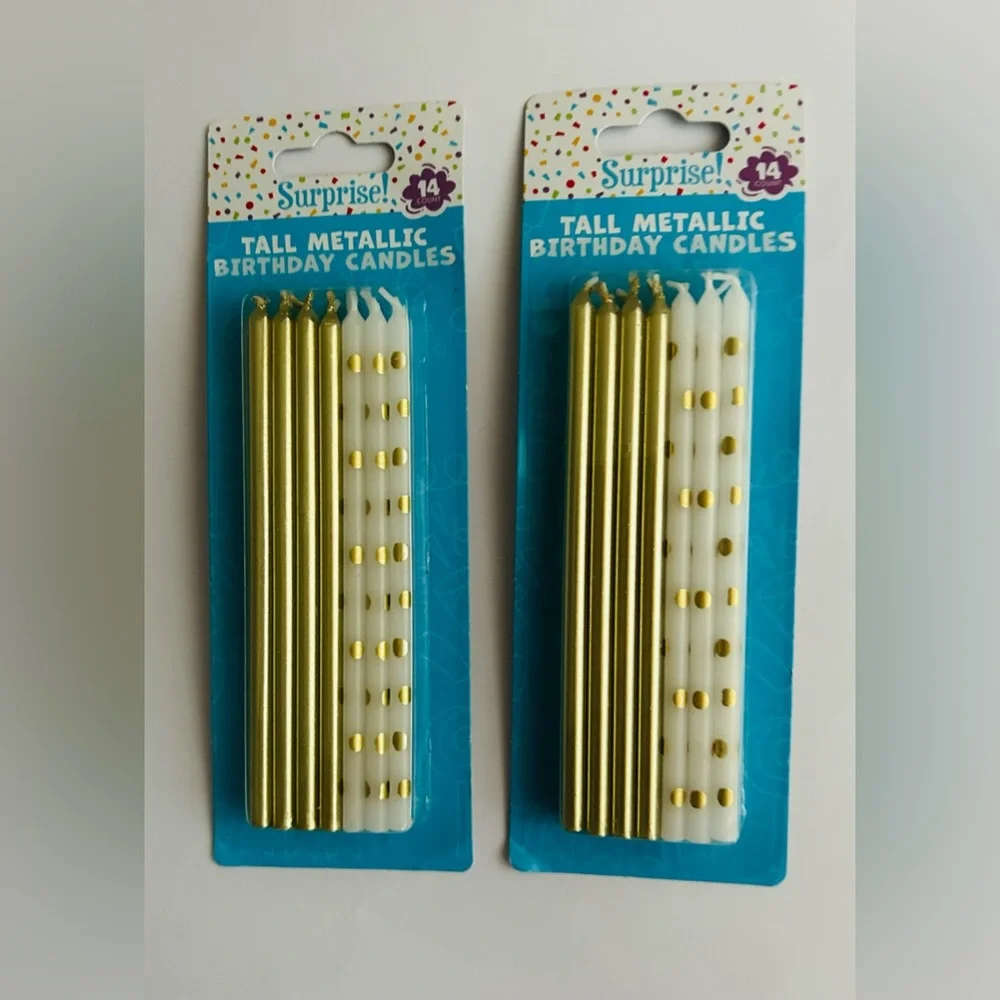 New 2 Packages Gold Metallic 4 1/2” Candles 28 Candles Surprise! made Vietnam